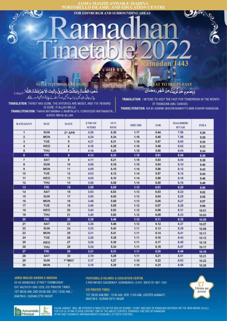 Ramadan 1433 2022 Timetable Annandale Mosque